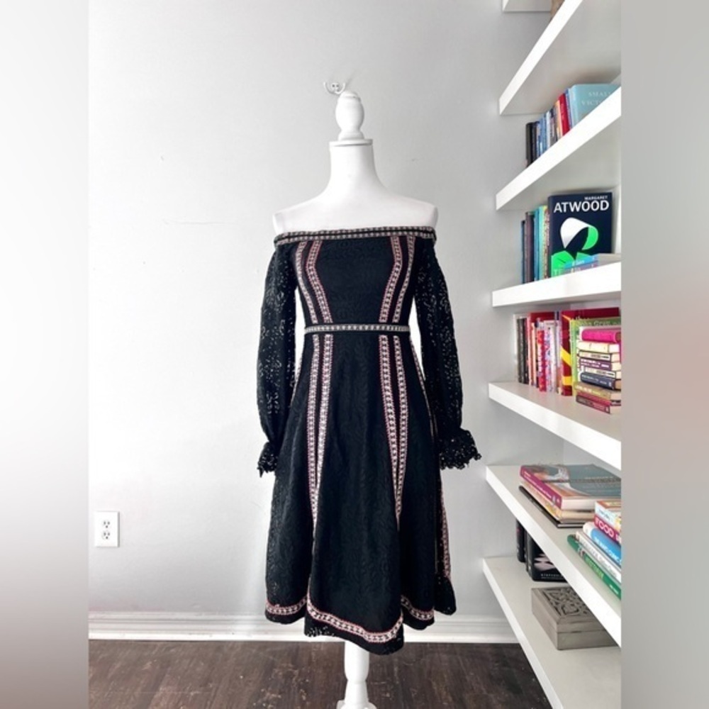 Anthropologie Champagne & Strawberry Size Small Black Boho Mid Dress